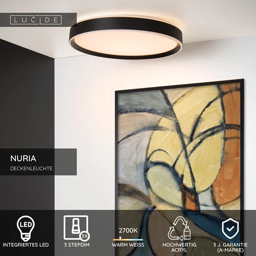 Lucide NURIA - Deckenleuchte - Ø 50 cm - LED 3 StepDim - 1x36W 2700K - Schwarz - USP